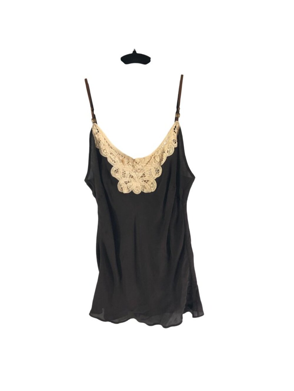 Kenneth Cole Brown Silk Cami Top With Cream Lace Trim Size 10